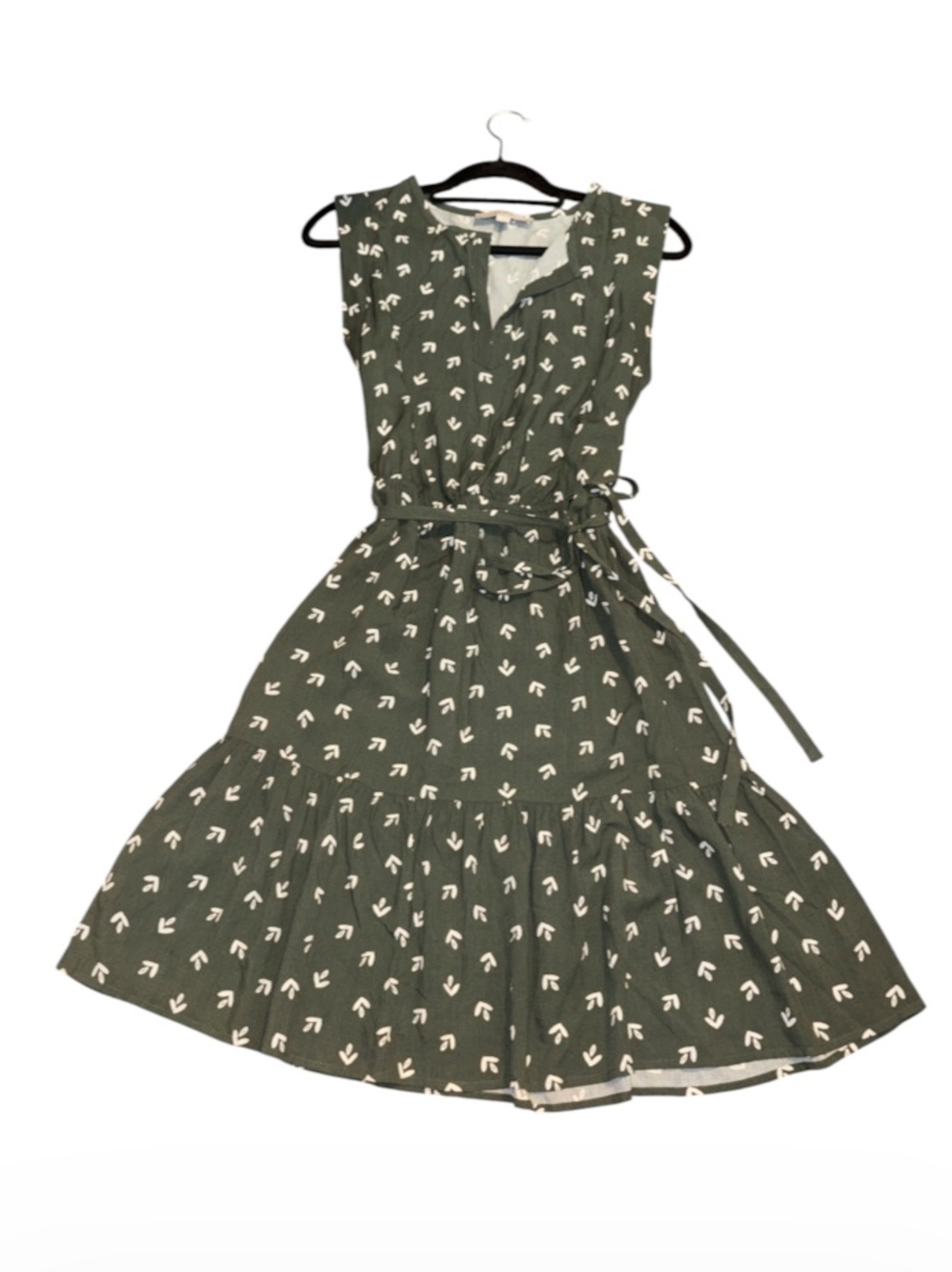 LOFT Olive Green Printed Sleeveless Notched V-Neck Midi Dress